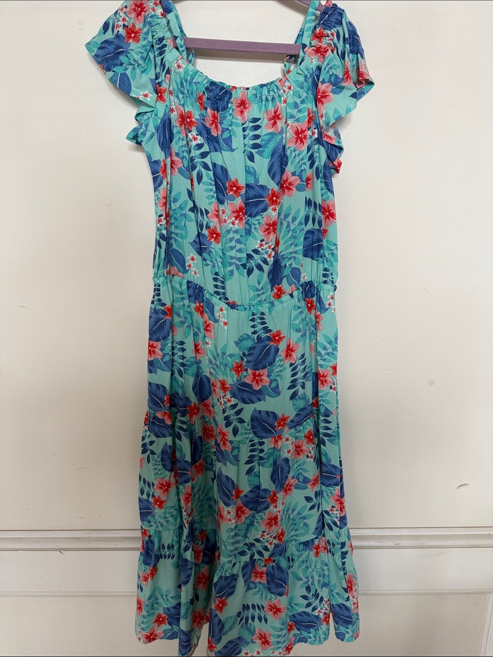 The Children's Place Aqua Tropical Floral Ruffle Sleeve Dress